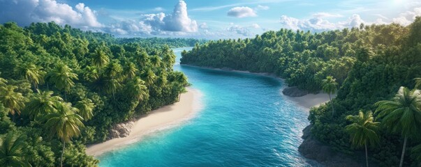 Wall Mural - Experience a breathtaking cinematic view with this stunning aerial shot of a dense palm forest meeting the coastline Lush green foliage cascades down to meet the crystal-clear turquoise waters