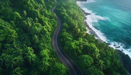 Wall Mural - Experience the allure of a scenic beach road as it winds through lush tropical landscapes Discover the Summer Vibes Scenery, where crystal-clear ocean waters meet verdant coastlines This travel