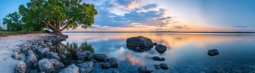 Wall Mural - Experience the breathtaking spectacle of a Vibrant evening light transitioning into deep blues, serene and infinite, reflecting on calm waters at dusk This panoramic view captures the magic of