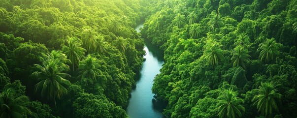 Wall Mural - Experience the breathtaking beauty of nature with this stunning aerial view of a palm-lined river winding through tropical terrain This lush landscape, captured from above, showcases the verdant