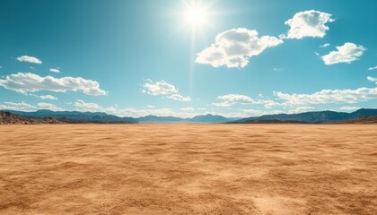 Canvas Print - Experience the serene beauty of a vast open sky with sun rays filtering gently, tranquil expanse and cloud formations over a flat expanse of dry land Discover the awe-inspiring landscape under the