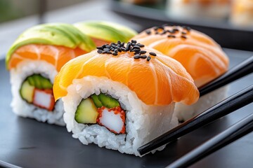 Experience the vibrant taste of Japan with a close-up view of authentic sushi dining Diners savoring every bite of this delicious dish This close-up shot shows the delicate salmon, creamy avocado