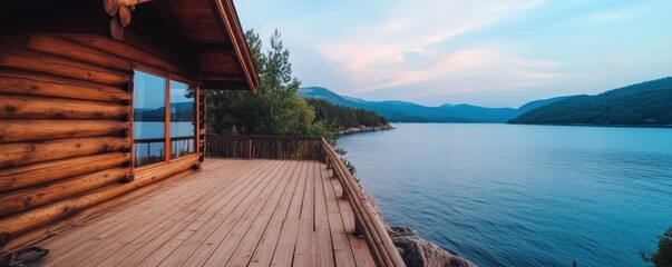 Wall Mural - Experience ultimate summer vibes at this cozy oceanfront cabin with a wooden deck, providing uninterrupted sea views Perfect for a tranquil vacation, this scenic retreat offers relaxation and