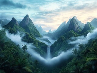 Canvas Print - Explore a surreal tropical rainforest with giant palms and cascading waterfalls, capturing the ethereal beauty and vibrant biodiversity of this unique ecosystem Discover lush vegetation, misty