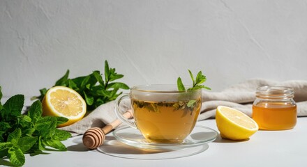 Wall Mural - Herbal tea with lemon, honey, and mint on light background