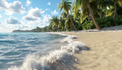 Gentle waves lapping at a shore with scattered palm trees, serene atmosphere, depicting a tropical paradise with pristine sandy beach, clear turquoise water, and lush greenery under a bright blue sky