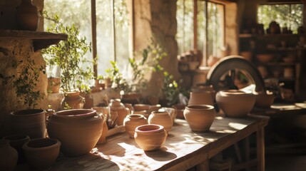 Wall Mural - A tranquil pottery studio bathed in soft afternoon light, Clay pots and spinning wheels at rest, Artisanal creation style