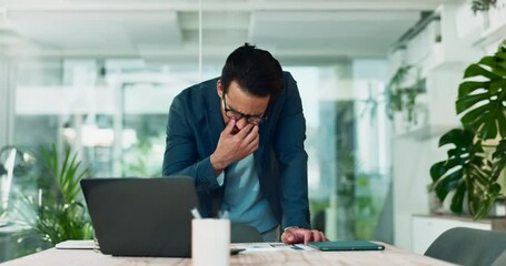 Poster - Frustrated, businessman or laptop with bad news for financial crisis, loss or failure at office. Upset, man or disappointed employee with stress for mistake, corporate bankruptcy or debt at workplace