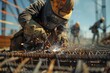 © AHNH5 - Construction Worker Welding Steel Rebar at a Construction Site with Sparks Flying and Hard Hats in the Background Under a Bright Blue Sky