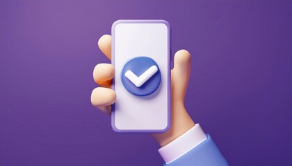 Poster - A hand holds a smartphone displaying a checkmark icon on a purple background, symbolizing approval or validation.