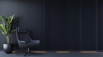 Canvas Print - Dark room with armchair, plant, and slatted wall.