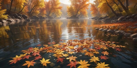 Wall Mural - autumn leaves on the river with a few floating nearby, environment, marine