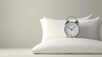 Canvas Print - Silver alarm clock on white pillows.