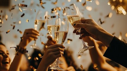 Canvas Print - Friends toasting champagne glasses at party with confetti.