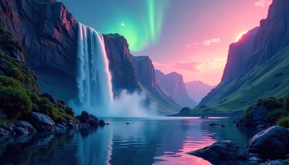 Wall Mural - Majestic waterfall cascading into a serene pool on Aurora's breathtaking surface, sci-fi, planet, space