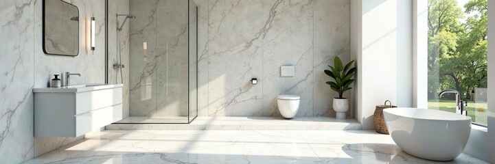 Wall Mural - Sleek marble floor leads to a spacious glass enclosed shower area, minimalist, shower