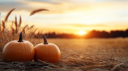 Canvas Print - Two pumpkins in a field at sunset.