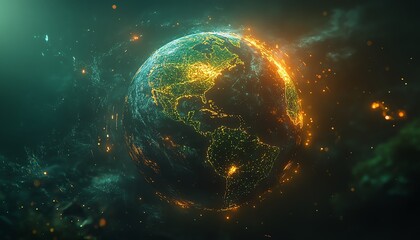 Poster - Earth in 3D with continents linked by dynamic, glowing networks, symbolizing technology, online business, and worldwide communication Generative AI, innovative and vibrant