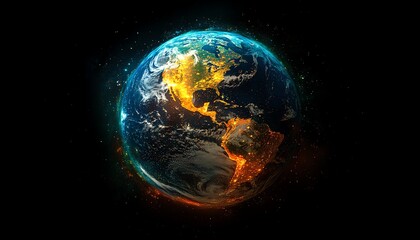 Poster - Earth in 3D with continents linked by dynamic, glowing networks, symbolizing technology, online business, and worldwide communication Generative AI, innovative and vibrant