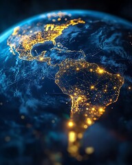 Poster - 3D Earth with continents interconnected by illuminated digital networks
