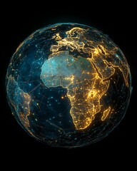 Poster - 3D Earth with continents interconnected by illuminated digital networks