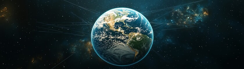 Poster - 3D visualization of Earth with digital network lines connecting continents