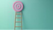 © Akotz - Wooden ladder leading to pink target on teal wall.