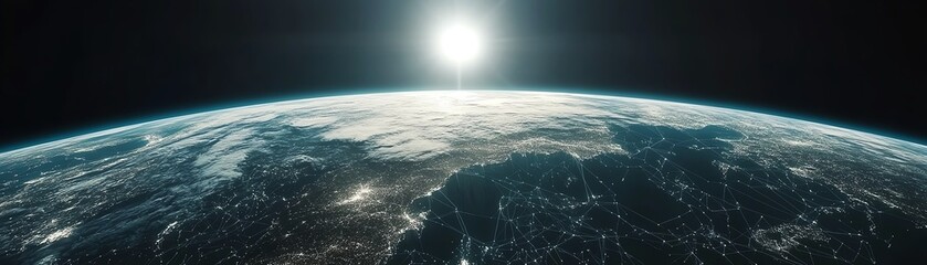 Poster - A 3D rendering of Earth with continents linked by digital networks, representing global communication, online business, and travel Generative AI, hightech and dynamic