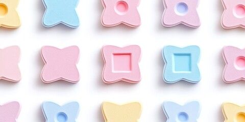 Pastel-colored flower shaped objects arranged in a grid pattern on a white background.