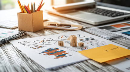 Poster - Business strategist visualizing customer centric innovation with charts, graphs, and wooden blocks on desk. workspace is organized and creative, reflecting strategic planning