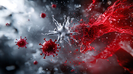 Fototapete - 3D illustration of antibodies attacking virus cells in dynamic scene. vibrant colors and fluid motion convey intense battle between immune system and pathogens