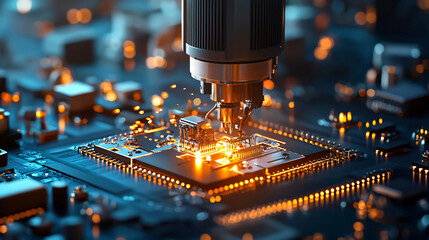 Poster - robotic arm assembling intricate components on circuit board, showcasing advanced technology and precision in electronics manufacturing