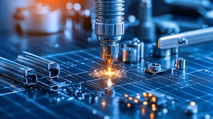 Aufkleber - High tech laser cutting machine in action, creating sparks on metal surface. precision and innovation in manufacturing processes are showcased in this dynamic scene