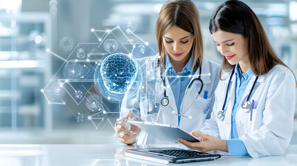 Aufkleber - Innovative healthcare professionals using technology for mental health support. They analyze data and collaborate on patient care with AI assistance, enhancing treatment outcomes