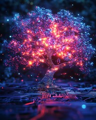 Fototapete - A cyber tree glowing with neon lights, integrated into a digital circuit board, futuristic technology concept, dynamic and vibrant colors