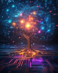 Fototapete - A cyber tree glowing with neon lights, integrated into a digital circuit board, futuristic technology concept, dynamic and vibrant colors