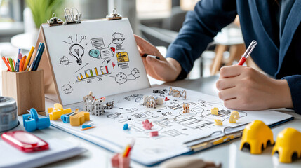 Leinwandbilder - Creative brainstorming session with sketches and colorful tools