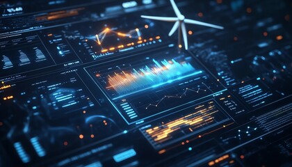 Poster - A futuristic wind energy dashboard with interactive data visualizations, performance analytics, neon accents, sleek design, ultradetailed digital art, 4K