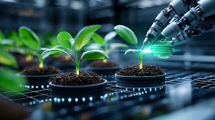 Poster - robotic hand nurturing young plants in high tech greenhouse, showcasing future of agriculture and technology. scene highlights innovation and sustainability in farming