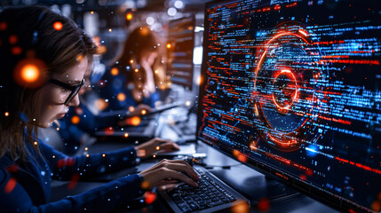 Fototapete - hacker working on dark screen filled with code and data visualizations, showcasing high tech environment. atmosphere is intense and focused, highlighting cybersecurity
