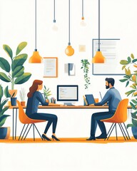Aufkleber - A group of professionals in an office environment working together on a project, teamwork and synergy concept, bright modern workspace, vibrant illustration