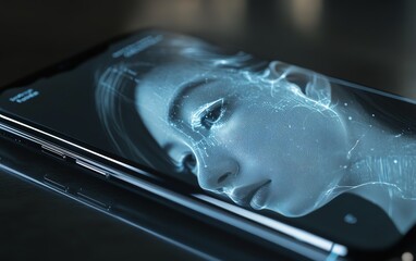 Fototapete - A medium shot of a phone projecting a holographic AI assistant