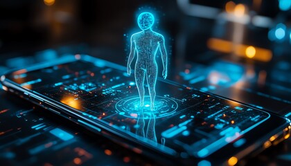 Poster - A medium shot of a smartphone projecting a glowing holographic AI assistant, blending minimalist style with AI technology assistance, ultradetailed digital art, 8K resolution