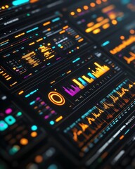 Poster - A modern dashboard interface with wind energy analytics, glowing charts, interactive data visualizations, futuristic aesthetic, sharp details, 8K rendering