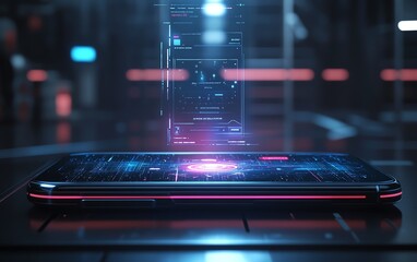 Fototapete - A phone projecting a floating holographic AI assistant, blending advanced AI technology with a clean, minimalist design, virtual helper theme, ultradetailed, 4K quality