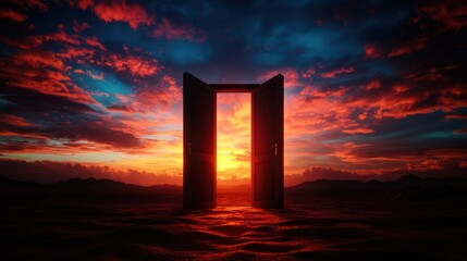 Poster - Mysterious open door at sunset landscape digital art surreal environment wide angle gateway to imagination