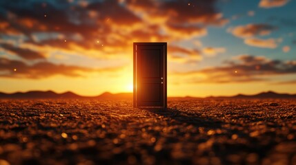 Poster - Mystical door opening to sunrise desert landscape digital art serene environment wide angle view conceptual journey