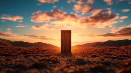 Poster - Mysterious doorway at sunset mountain landscape digital art tranquil environment captivating viewpoint imaginary concept