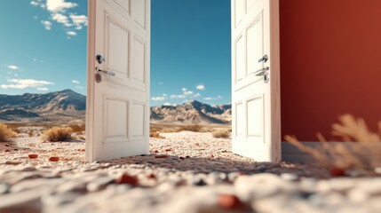 Poster - Mysterious open doors in a desert landscape artistic photo unique perspective surreal environment dreamlike concept