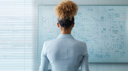 Poster - Businesswoman analyzing data on glass board, focused and determined